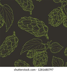 Hand drawn Hops Seamless pattern. Common hop or Humulus lupulus branch with leaves and cones. Vector Illustration.