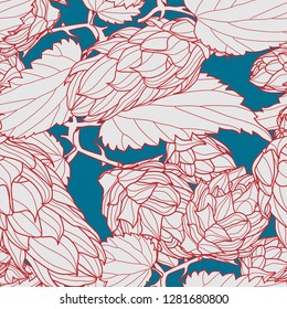 Hand drawn Hops Seamless pattern. Common hop or Humulus lupulus branch with leaves and cones. Vector Illustration.