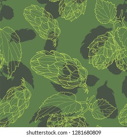 Hand drawn Hops Seamless pattern. Common hop or Humulus lupulus branch with leaves and cones. Vector Illustration.