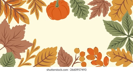 Fondo Horizontal dibujado a mano con brillantes hojas de otoño y bayas. Estilo de doodle plano. Ilustración vectorial.