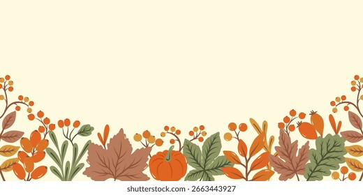 Hand drawn horizontal background with bright autumn leaves and berries. Flat doodle style. Vector illustration.	