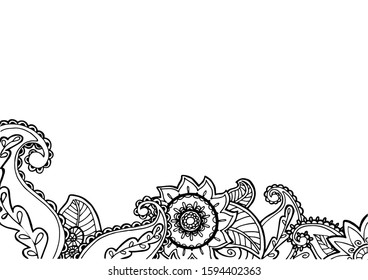 Hand drawn horizontal background. Floral, abstract, circles, paisley isolated on a white background. Copy space. Black outline illustration. Vector image for wedding invitations, flyers, social media,