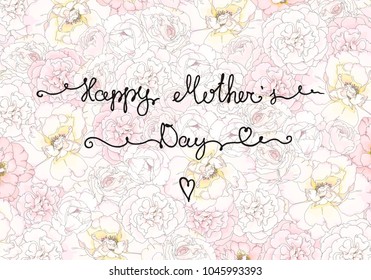 Hand drawn horizontal background with lettering Happy Mother's Day. Delicate vector illustration with roses pastel colors. 