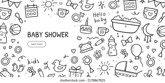 Hand drawn horizontal banner of baby objects and elements. Background template design. Vector illustration.