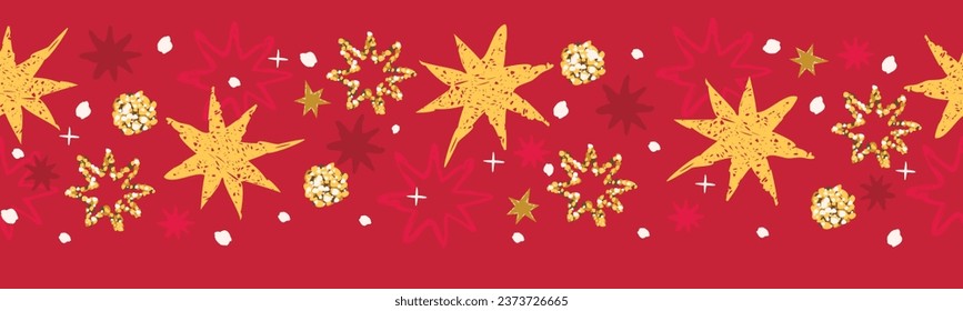 Banner horizontal dibujado a mano con estrellas brillantes.Patrón transparente y festivo de contornos y siluetas de formas con efecto de pincel.Borde colorido para la decoración de vacaciones.Impresión vectorial en tela y papel