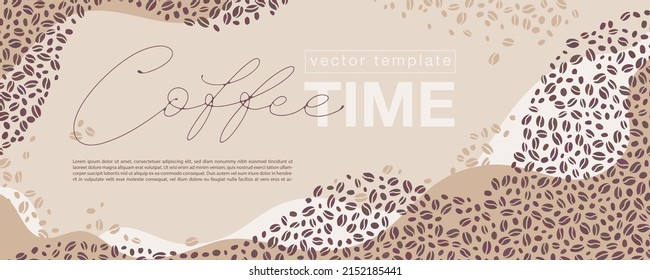 Hand drawn horizontal banner for marketing campaign, advertising, promotions. Colored coffee beans and Coffee time lettering in the center with text boxes.