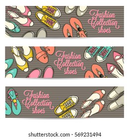 Hand drawn horizontal banners set with female shoes. Spring-summer fashion collection. Sketch background for shoes shop in retro style.