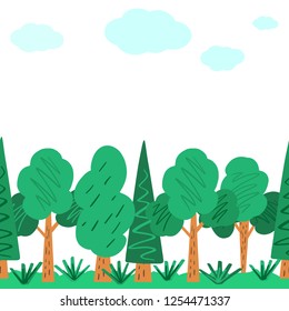 Hand drawn horizontal border with blue clouds, green trees, bush and grass. Cute illustration of spring or summer park or forest. Flat season illustration. Vector.