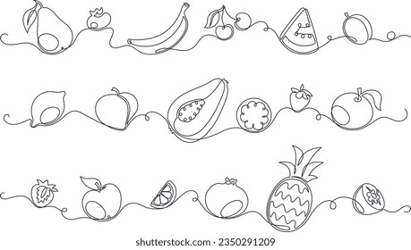 Hand drawn horizontal border with one line tropical fruits and berries. Continuous line exotic fruits, linear vitamin rich healthy food, summer fresh organic ingredients monoline sketch vector set