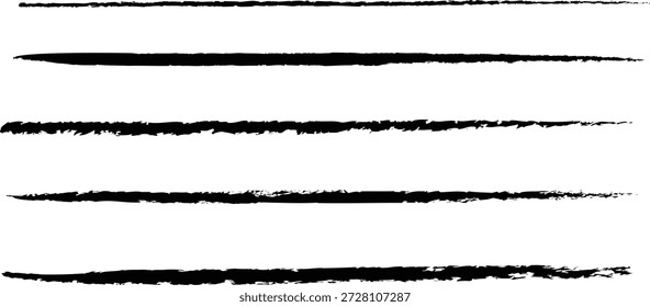 Linhas de pincel horizontais desenhadas à mão sobre plano de fundo branco. Traçados de tinta grosseira com bordas texturizadas criando elementos divisores. Acentos lineares grunge para layouts, notas e design gráfico. 