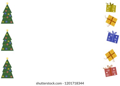 
Hand drawn horizontal design with copy space for your text. Vector template with green Christmas trees and gifts packed to decorate a card or laptop.