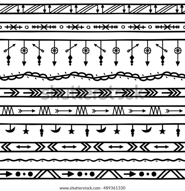 Hand drawn horizontal elements for making custom\
frame, border, divider or page decoration. Seamless doodle black\
paintbrushes on white.