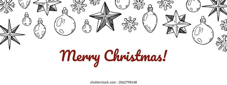 Hand dibujó horizontalmente Feliz Año Nuevo y Feliz Navidad con estrellas y juguetes de árbol de Navidad. Ilustración vectorial en el estilo de esbozo