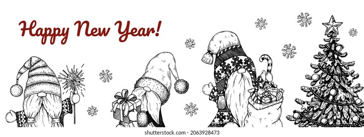 Hand drawn horizontal Happy New Year and Merry Christmas greeting card with cute gnomes. Vector illustration in sketch style