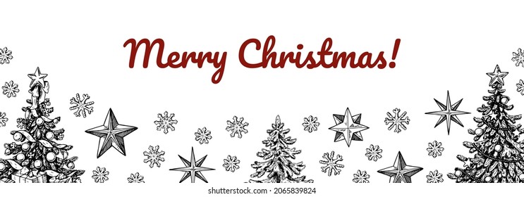 Hand drawn horizontal Happy New Year and Merry Christmas greeting card with stars and Christmas trees. Vector illustration in sketch style