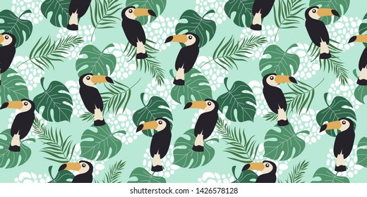 Hand drawn horizontal seamless pattern with tropical birds and leaves on blue background. Vector flat illustration of toucan .