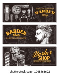 Hand drawn horizontal vector barber shop banners with sketch engraving illustration. Monochrome templates set for hair salon