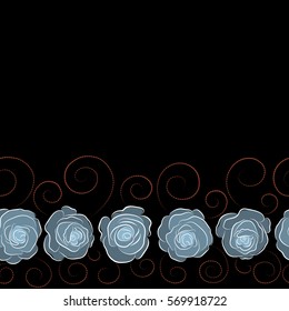 Hand drawn horizontal vector seamless pattern - blue and brown roses with petals. Floral background with stylized roses with copy space (place for your text).