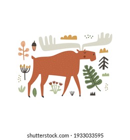 Hand drawn horned moose character and forest plants isolated on white background. Leaves, acorn, flowers abstract drawings. Cute scandinavian woodland animal with big antlers. Flat vector illustration