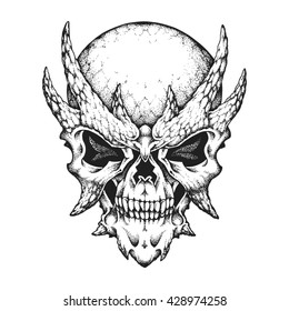 Hand drawn horned skull. Vector illustration