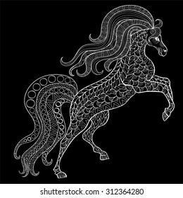 Hand drawn horse for adult anti stress Coloring Page with high details isolated on black background, illustration in zentangle style. Vector monochrome sketch. Animal collection.