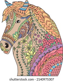 Hand drawn Horse doodle with flower decorative elements. Coloring page for adult and kids. Vector Illustration