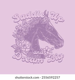 HAND DRAWN HORSE HEAD ANIMAL COWGIRL COWBOY WESTERN EQUESTRIAN FUN GIRLY EMPOWERING POSITIVE FLORAL FLOWERS VINTAGE TSHIRT TEE PRINT FOR APPAREL MERCHANDISE