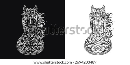 Hand drawn horse head portrait with intricate zentangle, mandala ornament. Black and white line art for 2026 Year of the Horse. Equine tattoo, logo, decorative design, detailed stallion illustration