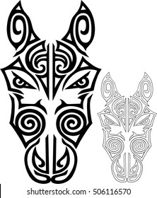 Hand drawn horse head stylized Maori face tattoo. Vector