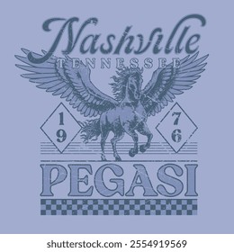 HAND DRAWN HORSE PEGASUS ANIMAL FLYING ATHLETIC TEAM UNIVERSITY VARSITY AMERICAN MAGICAL VINTAGE TSHIRT TEE PRINT FOR APPAREL MERCHANDISE