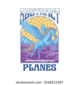 HAND DRAWN HORSE PEGASUS ANIMAL FLYING ABSTRACT PSYCHEDELIC TRIPPY RETRO LANDSCAPE VINTAGE TSHIRT TEE PRINT FOR APPAREL MERCHANDISE