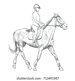 hand drawn horse riding vector illustration on equestrian sports theme. sketch drawing of young woman rider on white