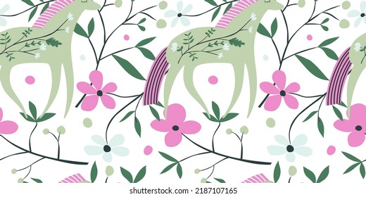 Hand drawn horse seamless pattern im scandinavian style. Cute cartoon banner with wild flower and stylized animals. Design for fabric, textile print, wrapping paper, cover. Vector illustration