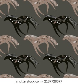 Hand drawn horse seamless pattern. Cute cartoon wallpaper with wild flower and stylized animals. Design for fabric, textile print, wrapping paper, cover. Vector illustration