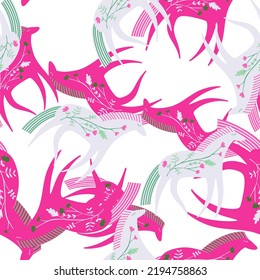 Hand drawn horse seamless pattern. Cute cartoon wallpaper with wild flower and stylized animals. Design for fabric, textile print, wrapping paper, cover. Vector illustration
