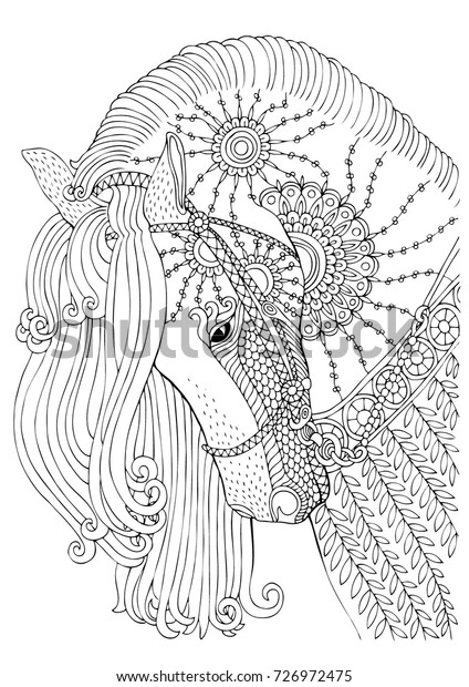 Hand drawn horse. Sketch for anti-stress adult
coloring book in zen-tangle style. Vector illustration  for
coloring page.