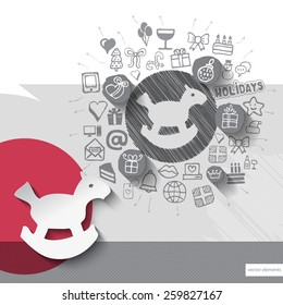 Hand drawn horse toy icons with icons background. Vector illustration