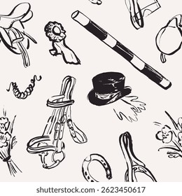 Hand drawn horseback riding seamless pattern, vector background illustration
