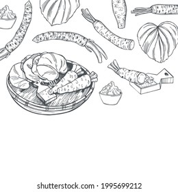 Hand drawn horseradish wasabi, root and leaves. Sketch  illustration.Vector background.