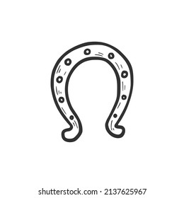 Hand drawn horseshoe element. Comic doodle sketch style. Horseshoe for cowboy, western concept icon. Vector illustration.