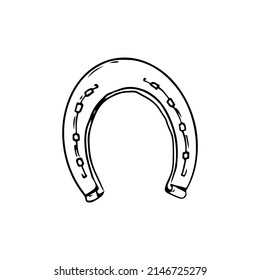 Hand drawn horseshoe lucky icon element. Cartoon doodle sketch style. Horse shoe vintage black vector illustration isolated on white background