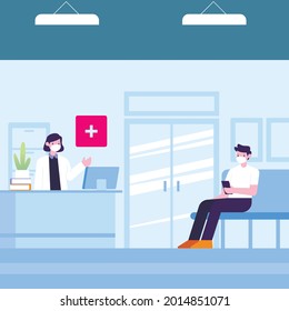 Hand drawn hospital reception scene with people wearing medical masks