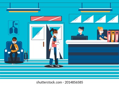 Hand drawn hospital reception scene with people wearing face masks