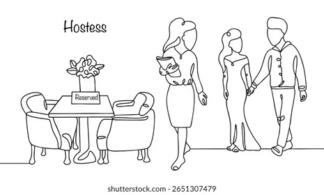Hand drawn hostess profession. The employee met the couple in the restaurant and accompanies them to the table in a friendly manner, creating a pleasant service atmosphere. Vector illustration.