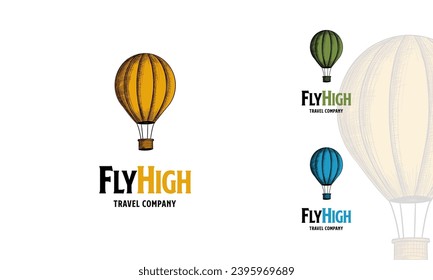 Hand Drawn Hot Air Balloon vector logo design template. retro airship or transport icon. Fly High Travel Agency Logo template