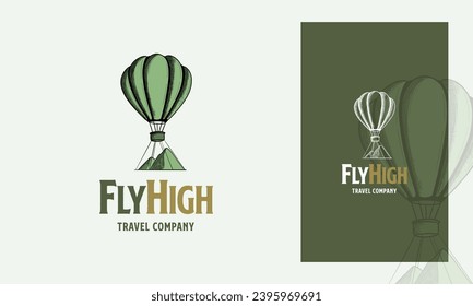 Hand Drawn Hot Air Balloon vector logo design template. retro airship or transport icon. Fly High Travel Agency Logo template