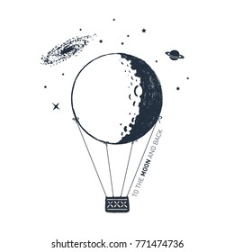 Hand drawn hot air balloon textured vector illustration and "To the moon and back" lettering.