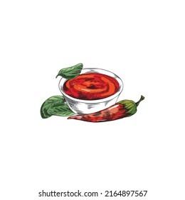 Hand drawn hot chili sauce in small bowl, sketch vector illustration isolated on white background. Salsa or harissa dip for traditional Mexican cuisine. Food ingredient for cafe restaurant design.