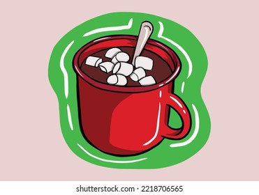 Hand drawn hot chocolate cup with marshmallows. Christmas greeting card design element. Isolated illustration.