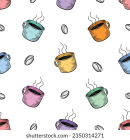 Hand drawn hot coffee cup and coffee beans seamless pattern. Steaming coffee cups Vector vintage hand drawing style repeatable background. Can be used for cafe interior designs menu design or any else